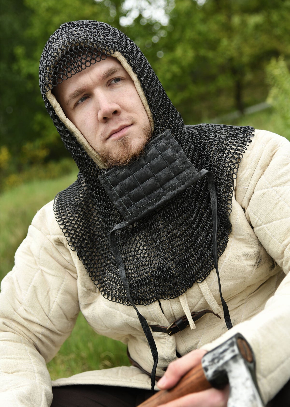 Chainmail coif with square ventail, bronzed, 8 mm