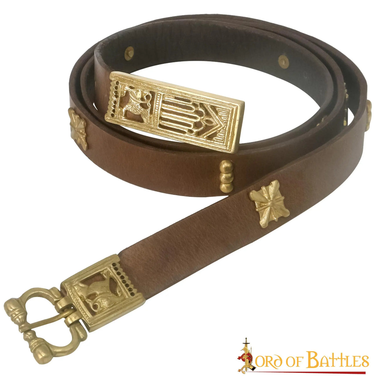 Medieval leather belt with brass fittings, brown