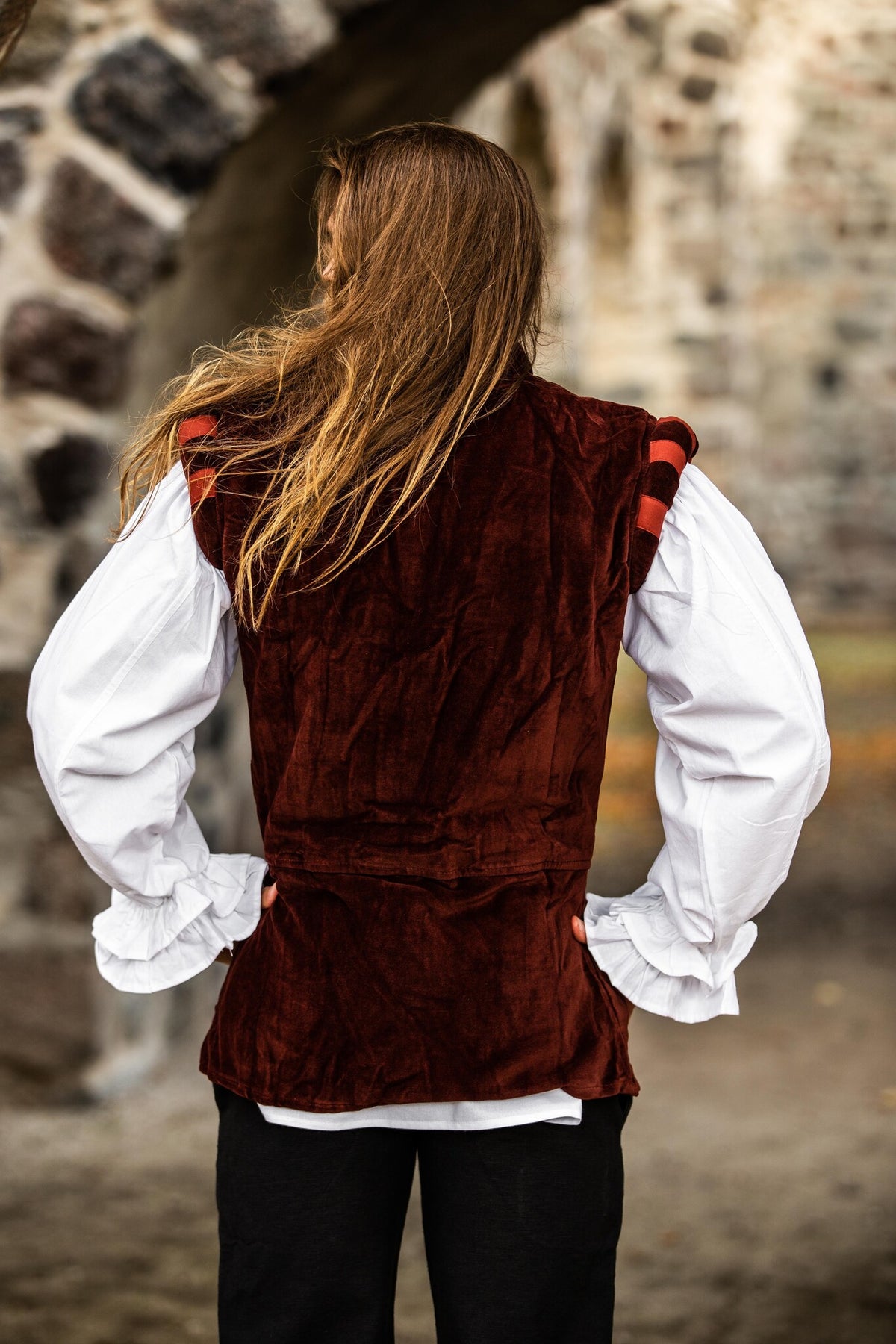 Velvet doublet with metal buttons, red