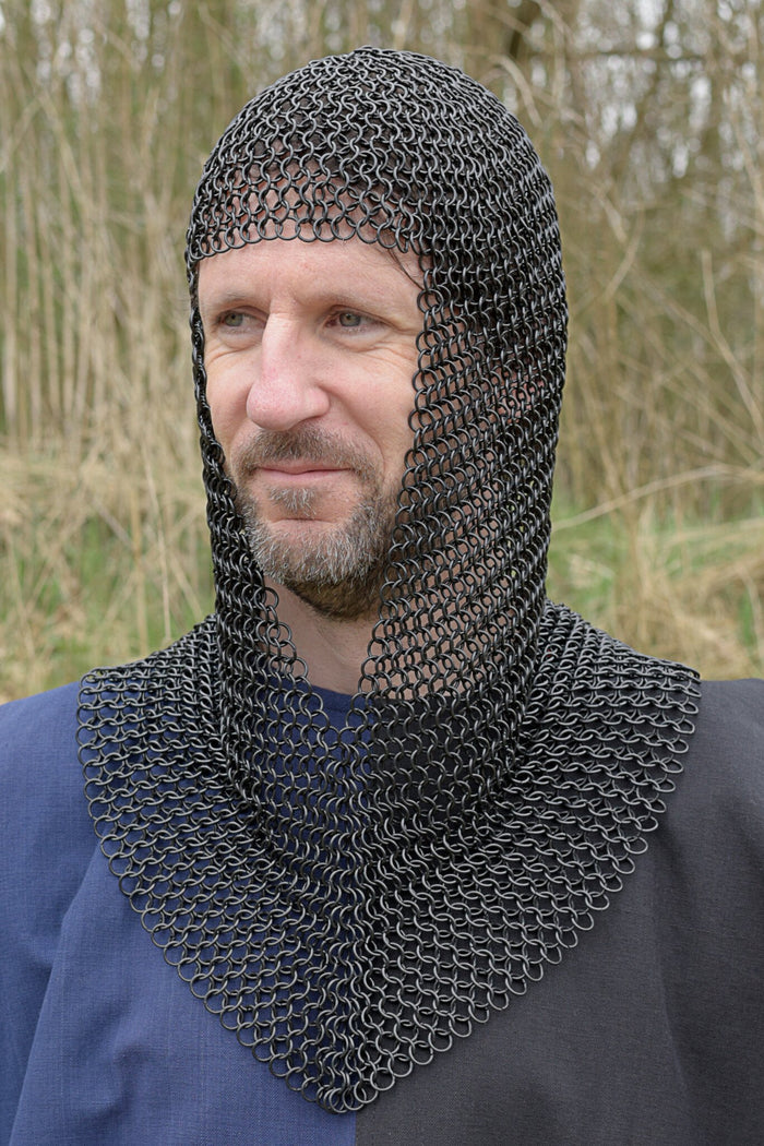 Chainmail coif with triangular neck, blackened, 9 mm