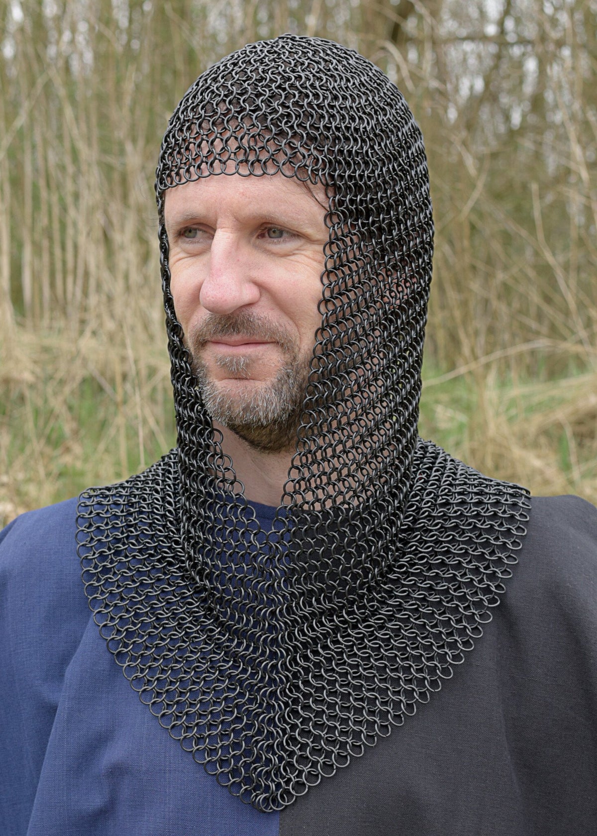 Chainmail coif with triangular neck, blackened, 9 mm
