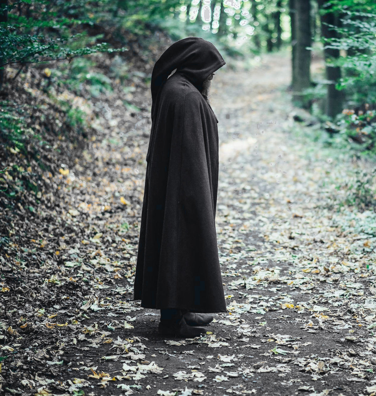 Medieval cloak with hood, black, wool mix