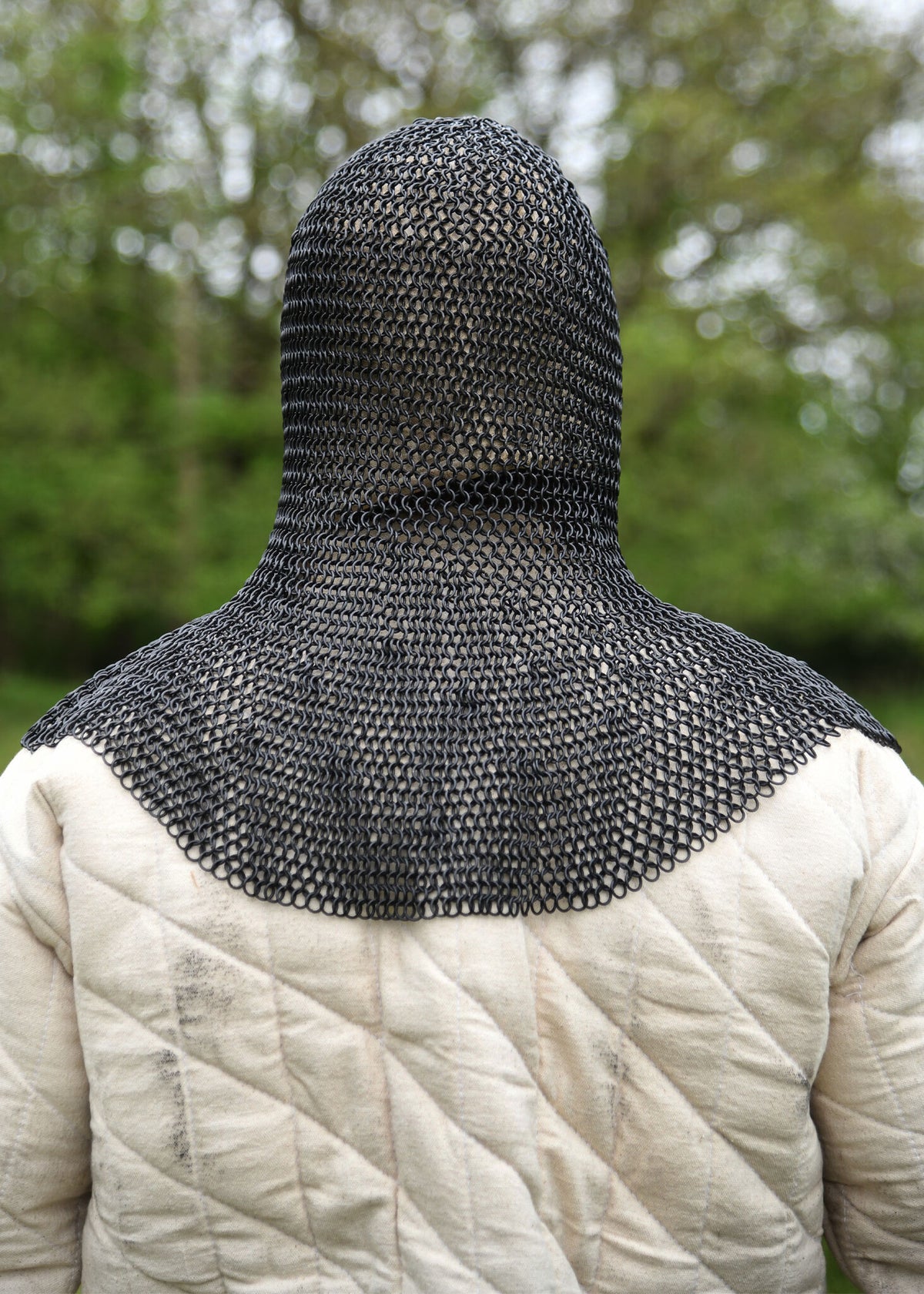 Chainmail coif with triangular ventail, blackened, 8 mm