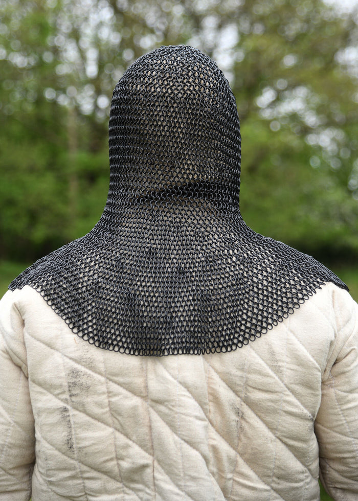 Chainmail coif with triangular ventail, blackened, 8 mm
