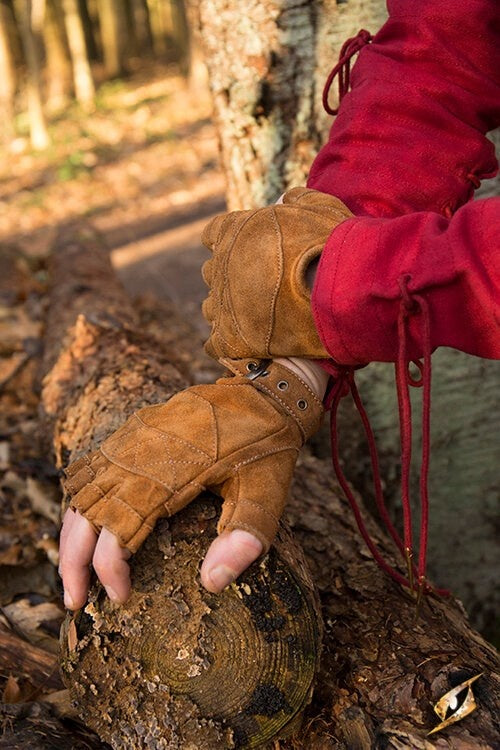 Suede leather fingerless gloves, brown