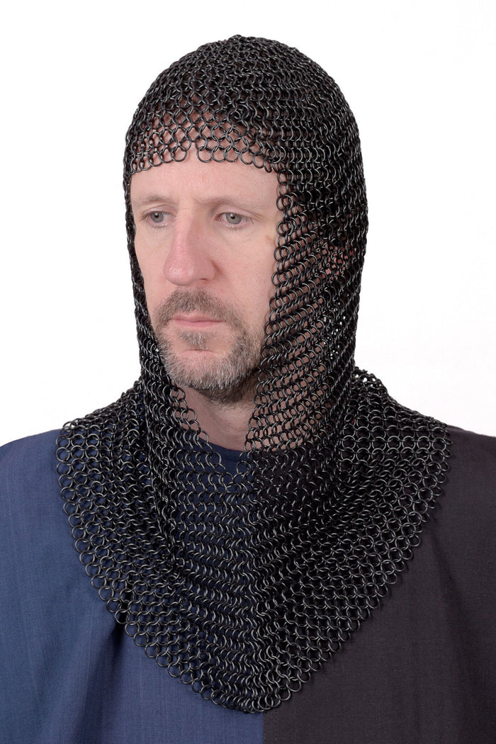 Chainmail coif with triangular neck, blackened, 9 mm