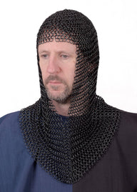 Chainmail coif with triangular neck, blackened, 9 mm
