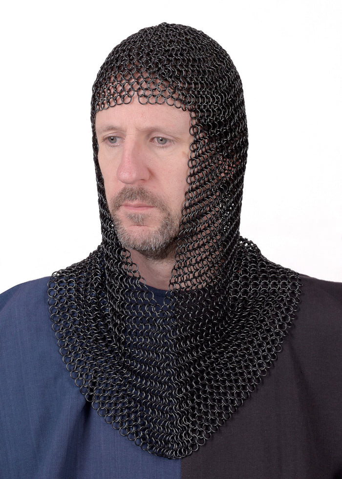 Chainmail coif with triangular neck, blackened, 9 mm