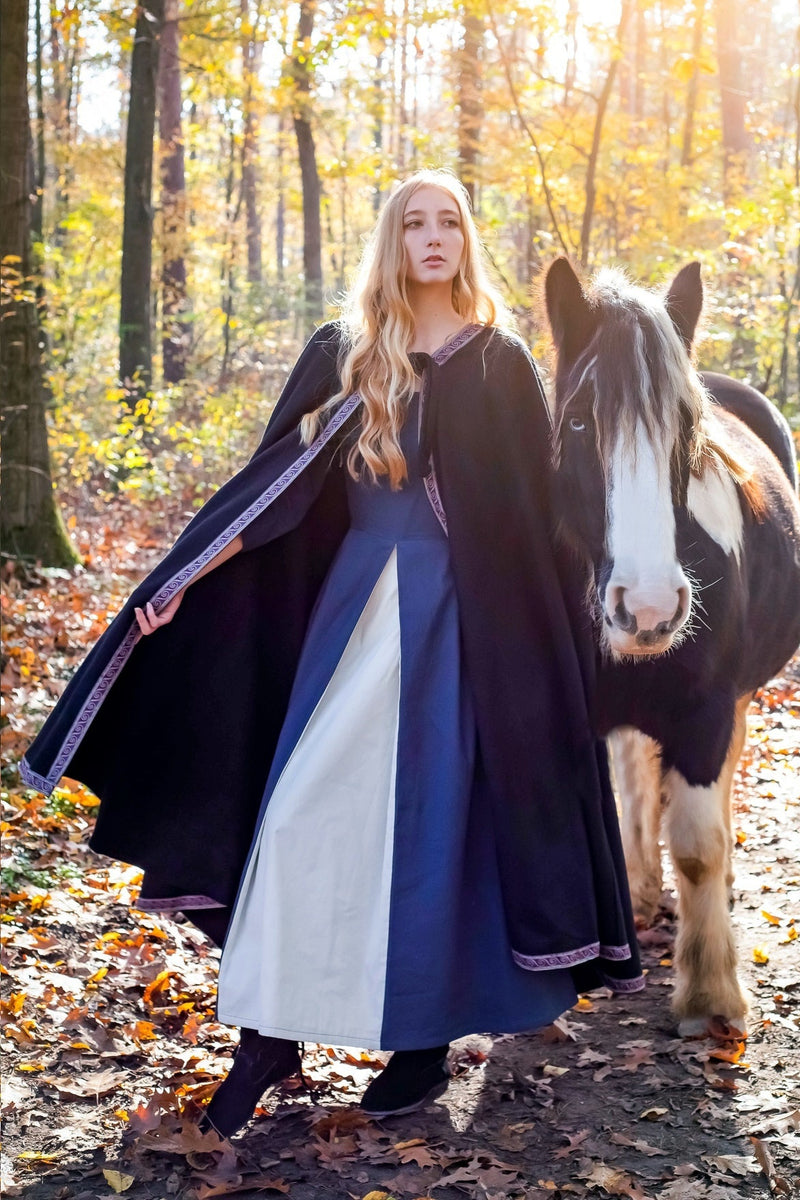 Mantello ricamato Lyra, nero, misto lana