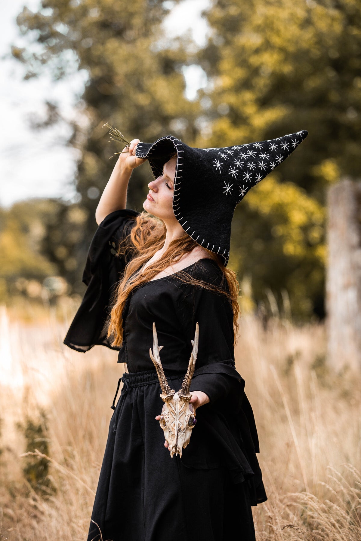 Witch hat with stars, black, wool