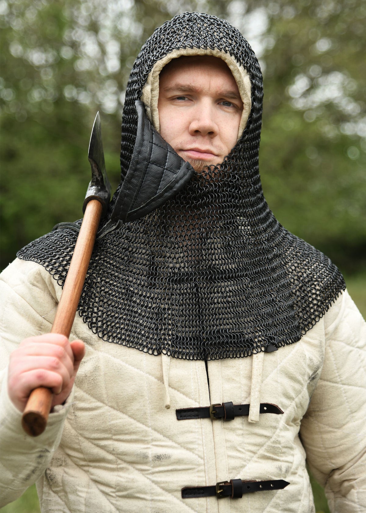 Chainmail coif with triangular ventail, blackened, 8 mm