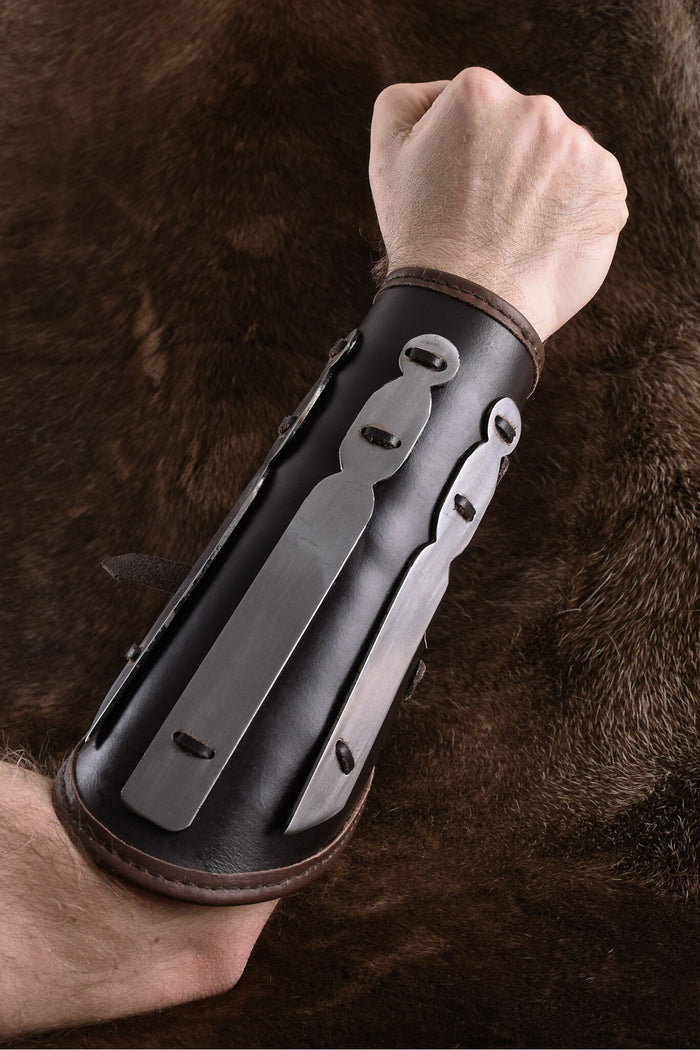 Aerdwulf leather bracer, forearm protector, with metal strips