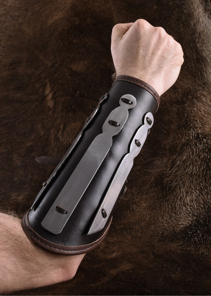 Aerdwulf leather bracer, forearm protector, with metal strips