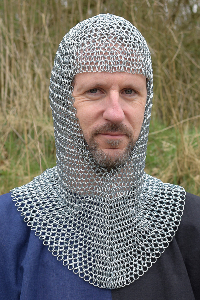 Chainmail coif with triangular neck, galvanised, 9 mm