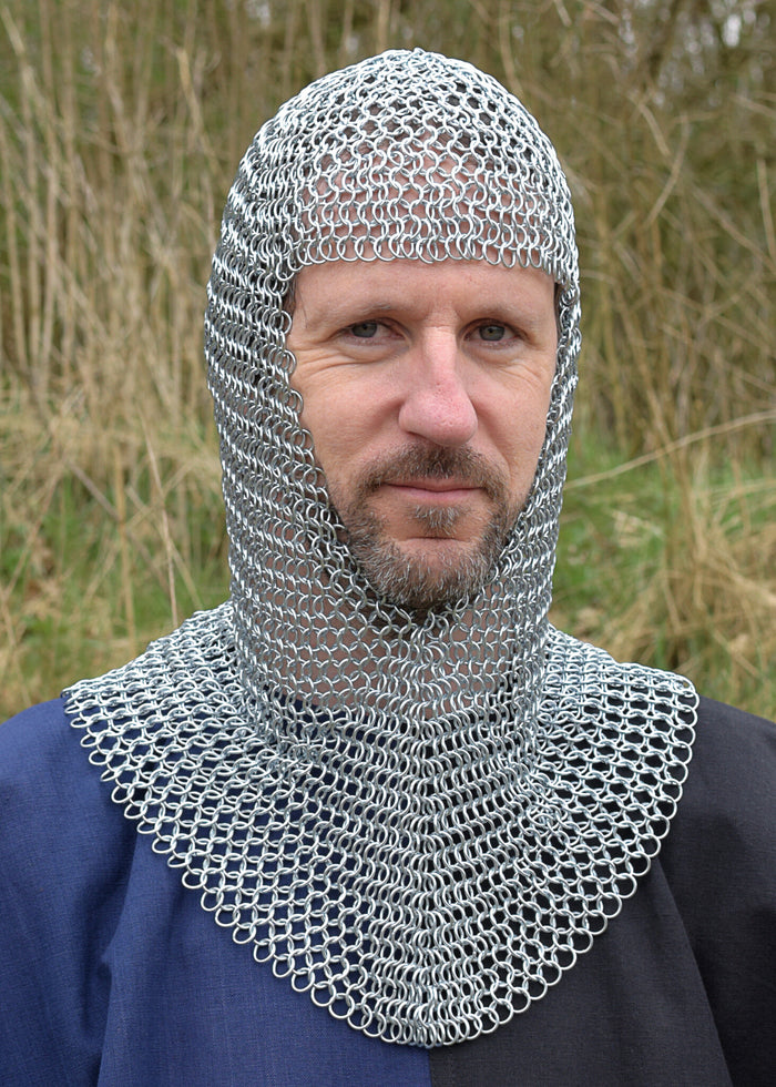 Chainmail coif with triangular neck, galvanised, 9 mm