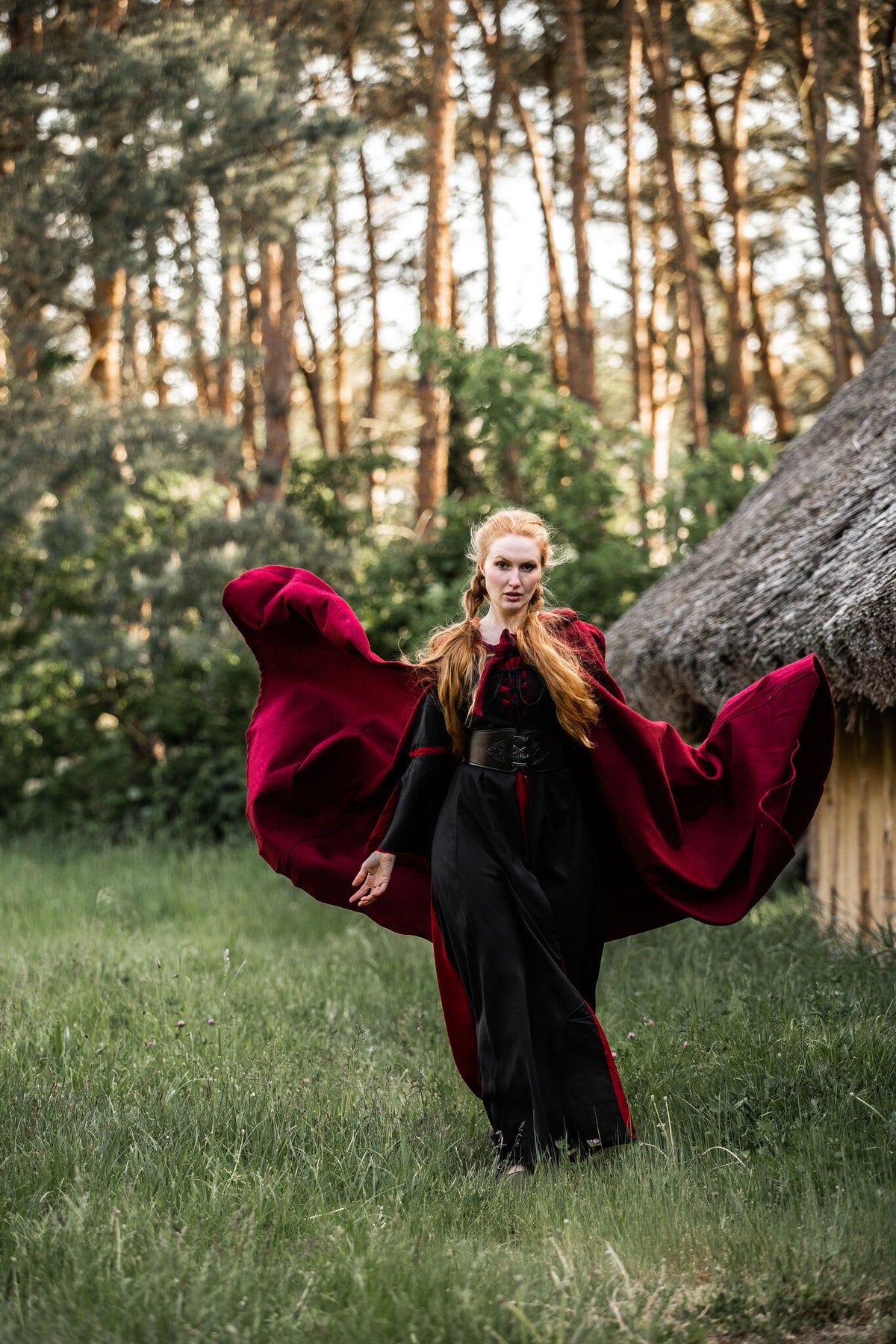 Medieval cloak with hood, red, wool mix