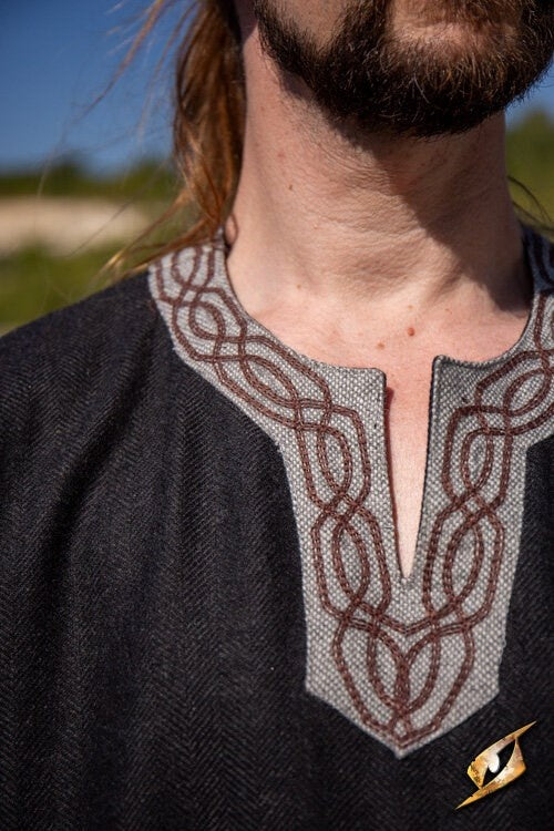 Viking tunic Hilmar, herringbone, black, wool blend