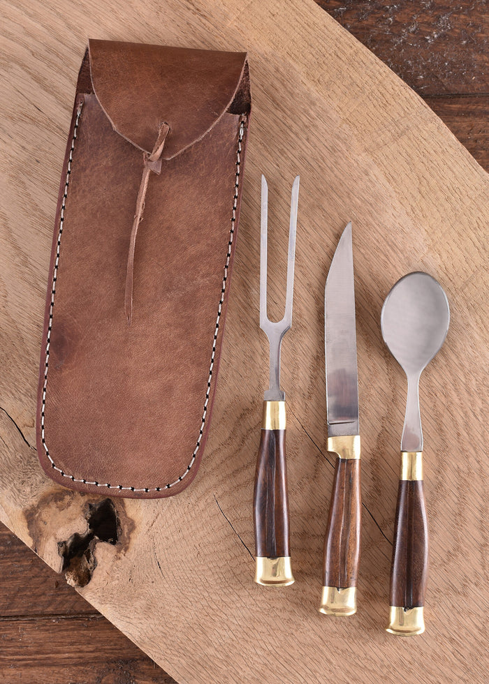 Wooden cutlery set with pouch, stainless steel