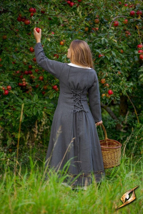 Medieval dress Estrid with herringbone pattern, nature grey