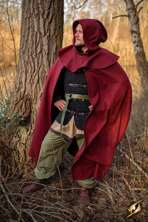 Medieval hooded cloak Thomas, red, wool mix