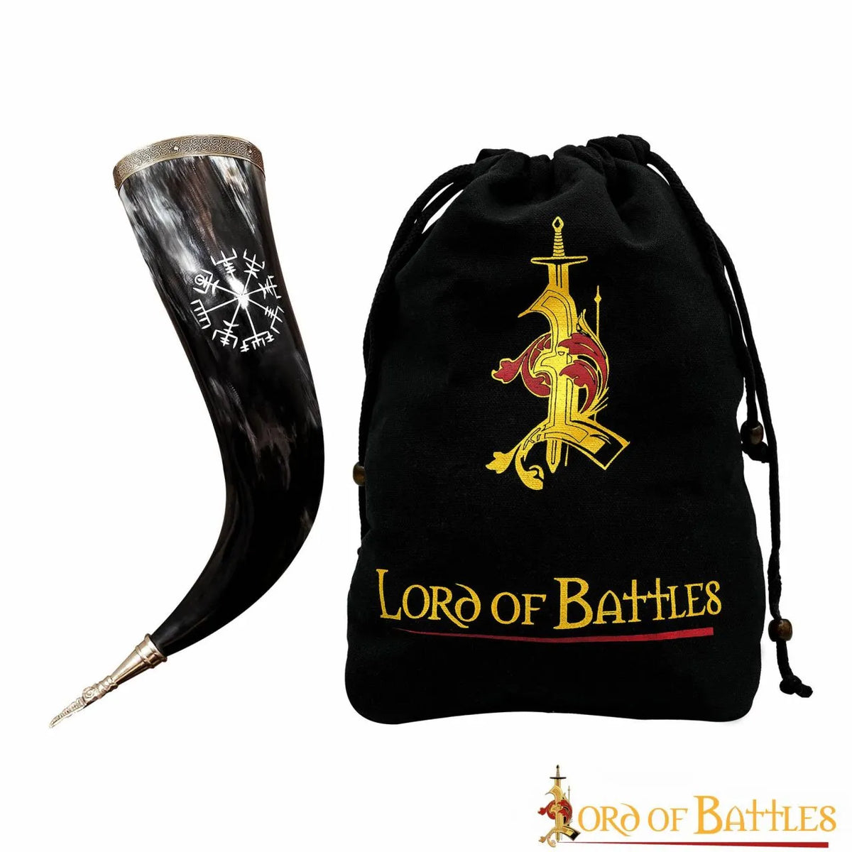 Drinking horn with vegvisir and brass fittings, 300-500 ml