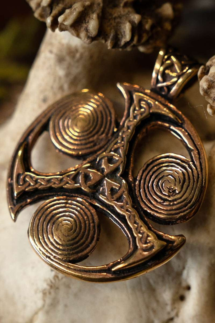 Celtic pendant triskelion with spirals, bronze