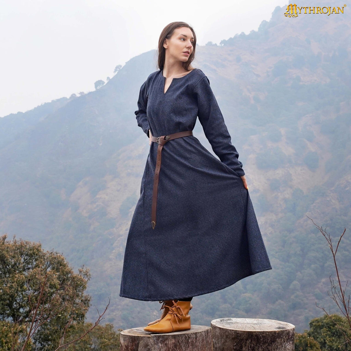 Viking dress Sigrun, diamond twill, wool mix, blue-black