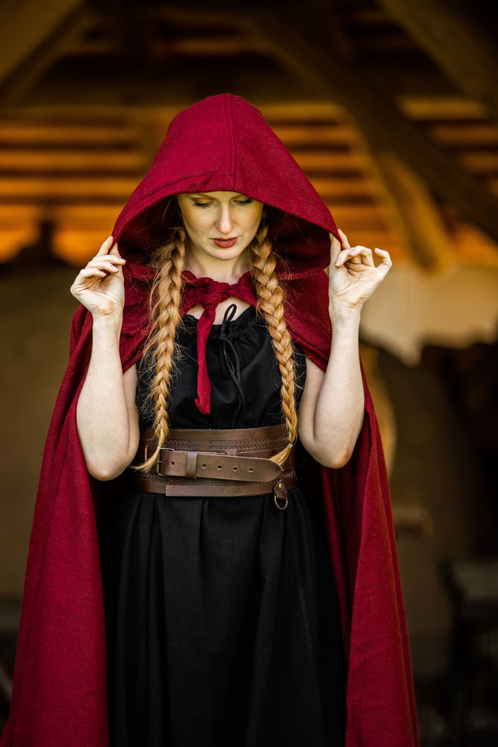 Medieval cloak with hood, red, wool mix