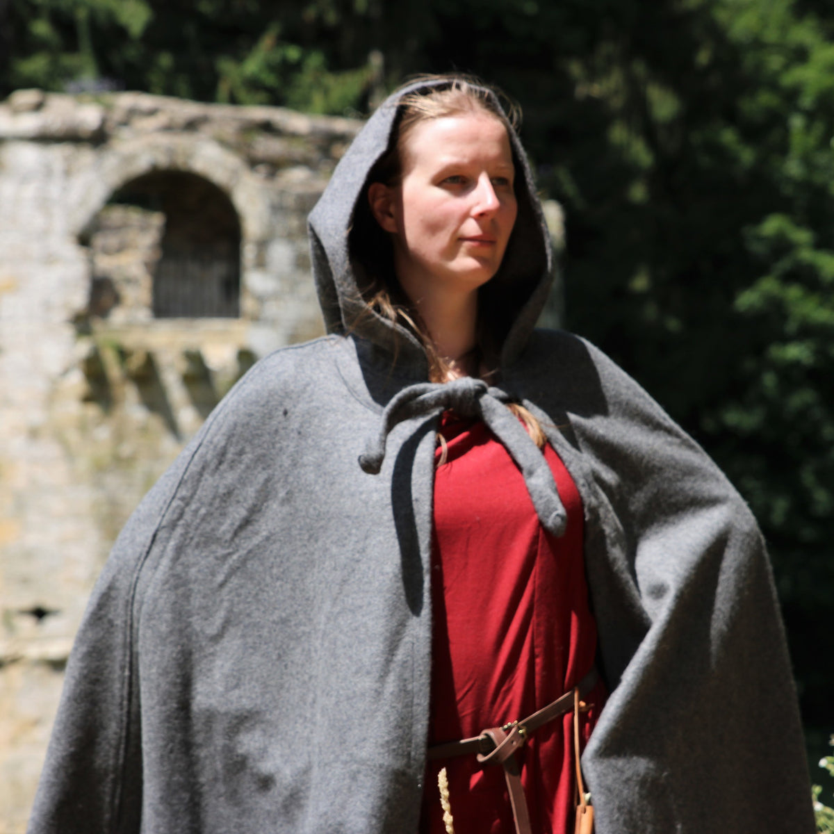 Medieval cloak with hood, grey, wool mix