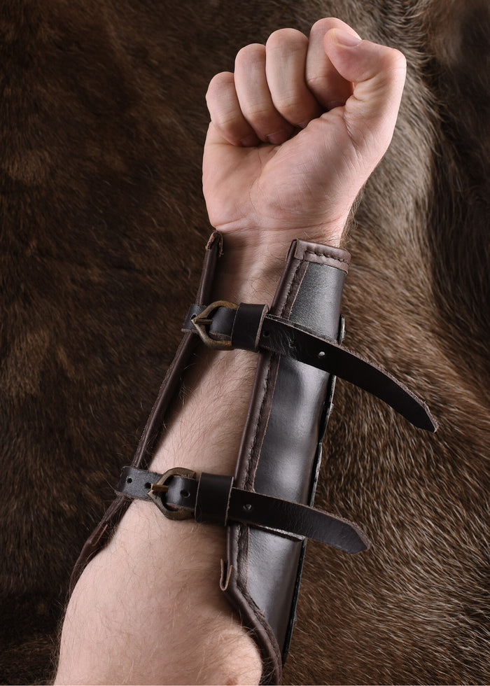 Aerdwulf leather bracer, forearm protector, with metal strips