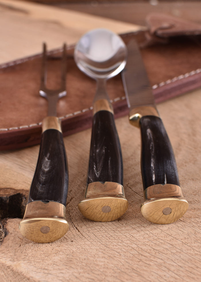 Horn cutlery set with pouch, stainless steel