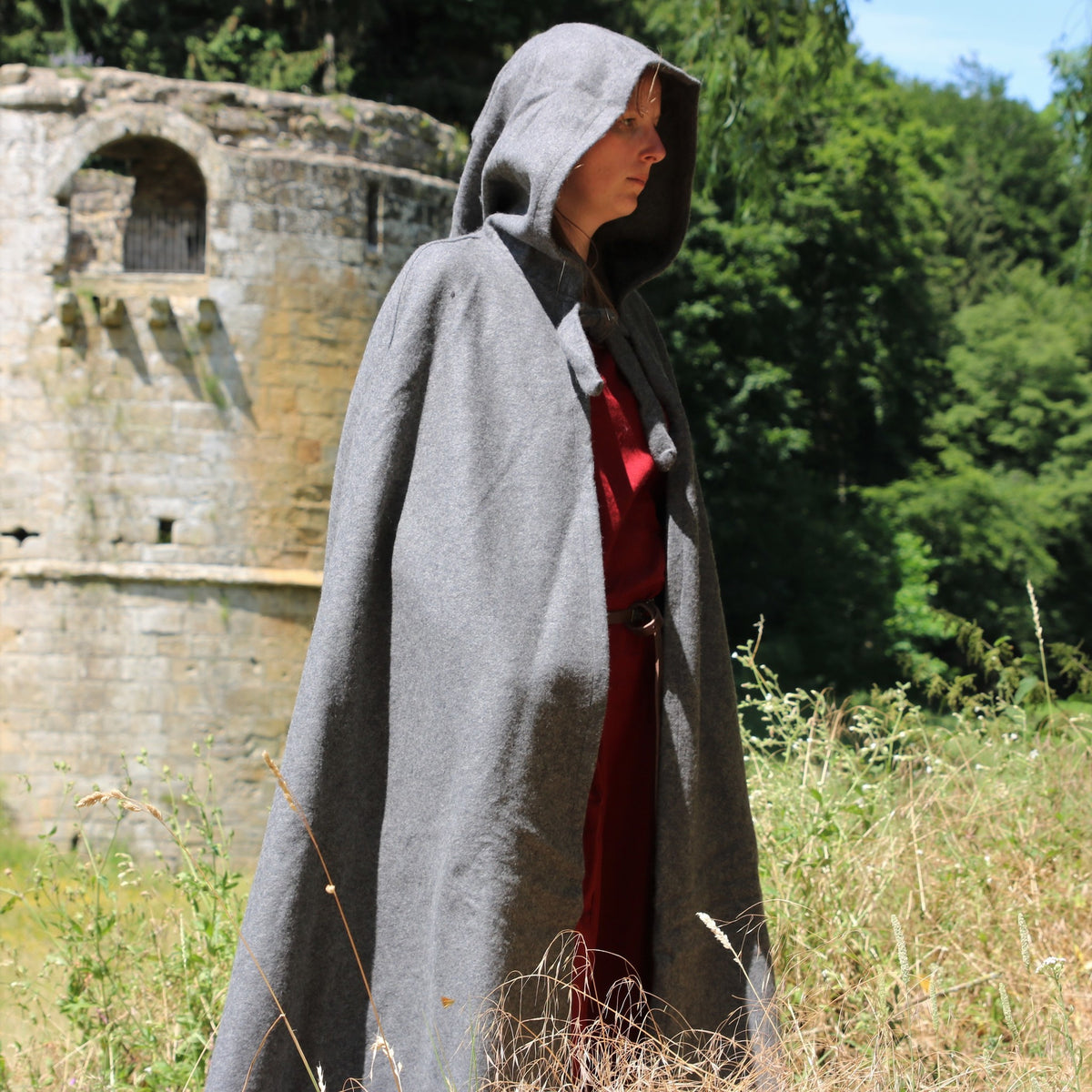 Medieval cloak with hood, grey, wool mix
