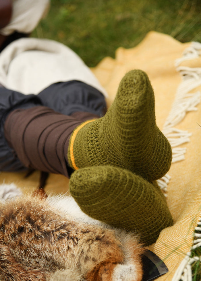 Crocheted socks, 100% wool, green-yellow