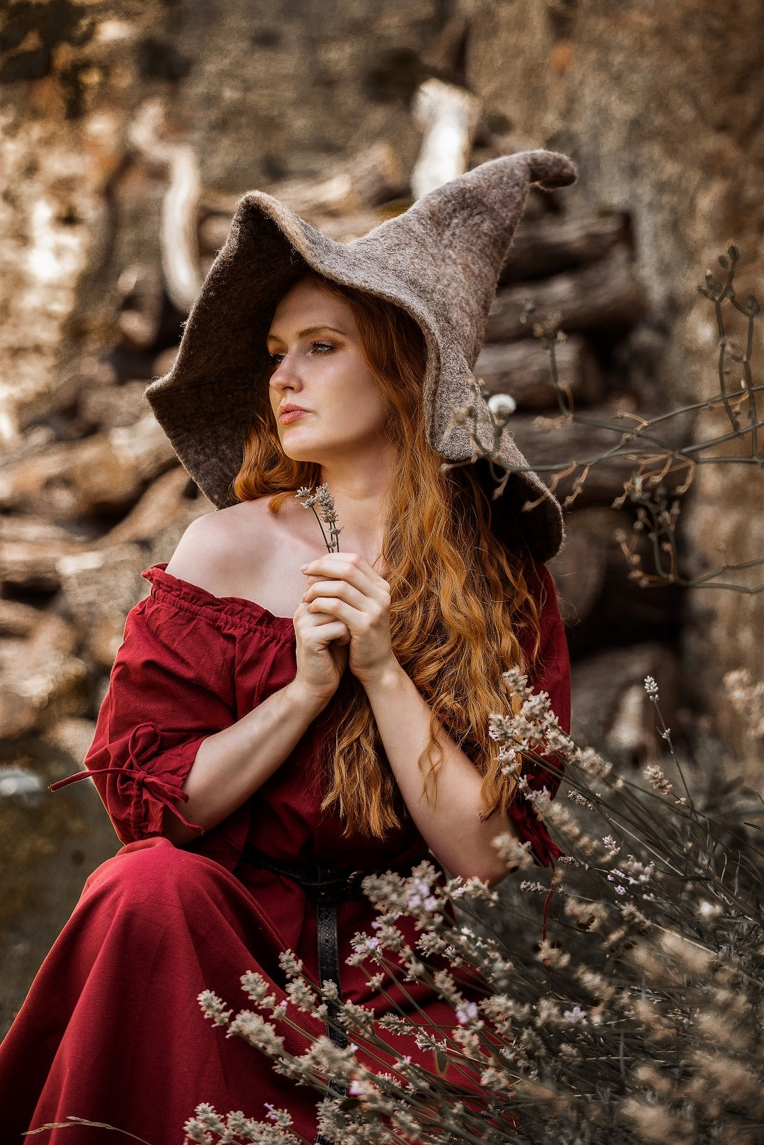Witch hat, natural-brown, wool felt