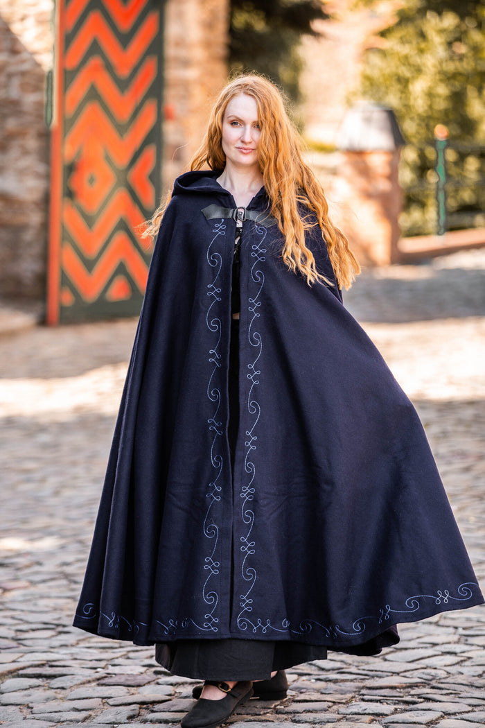 Embroidered cloak Damia with clasp, wool blend, blue