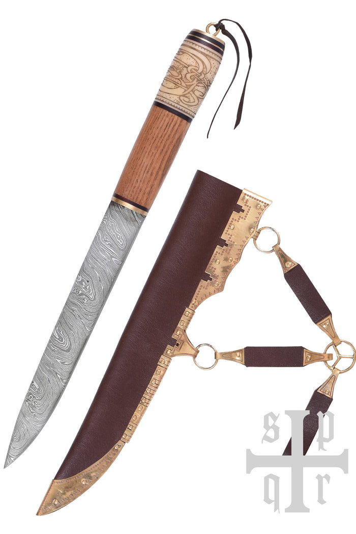 Viking seax with knot motif, damascus steel, semi-sharp