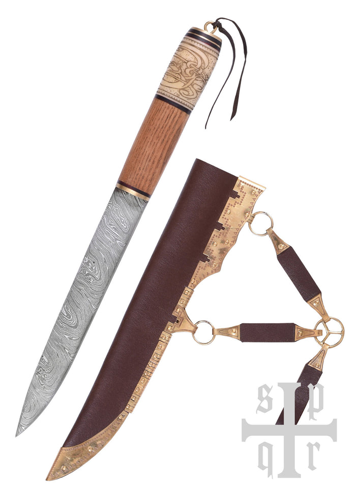 Viking seax with knot motif, damascus steel, semi-sharp