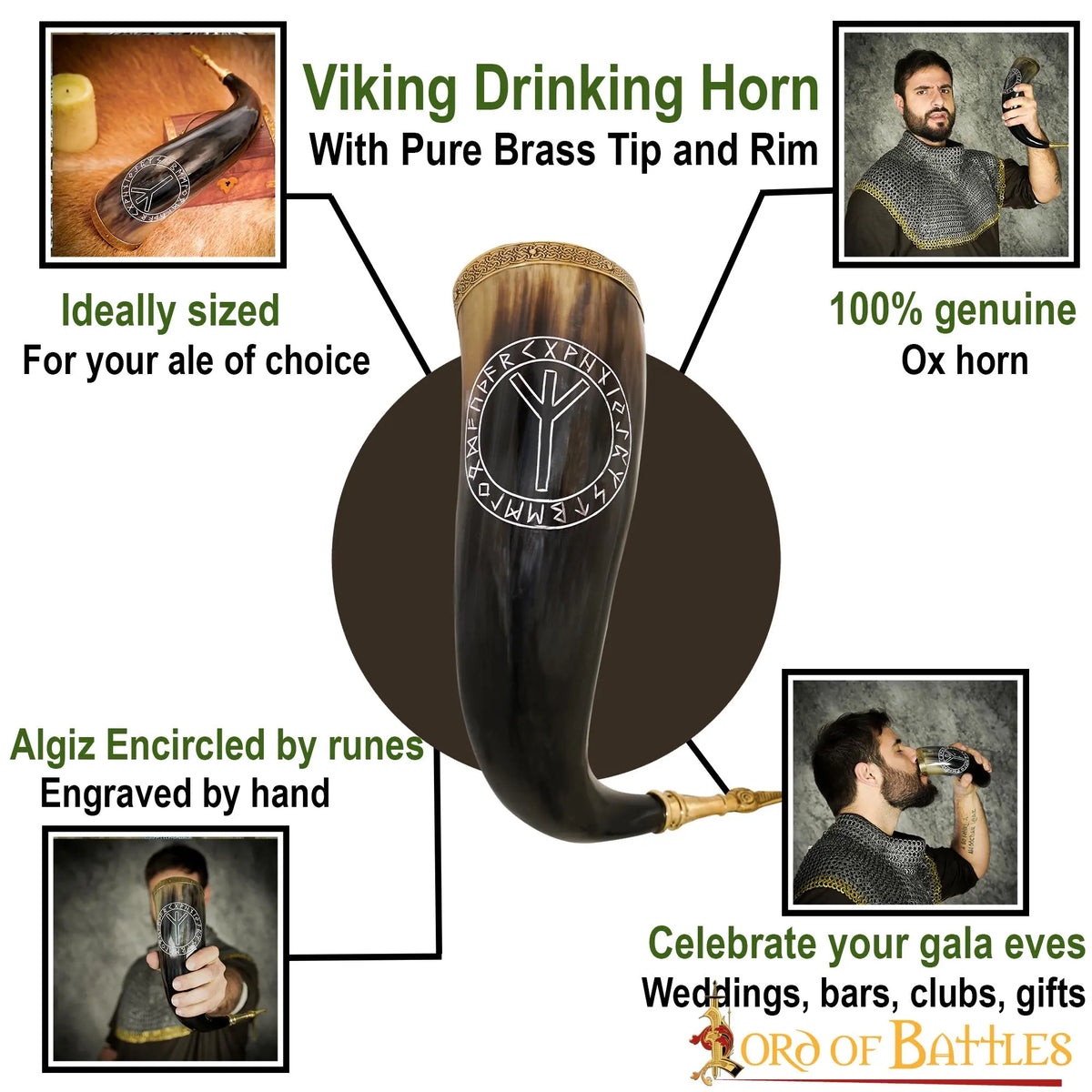 Algiz protection rune drinking horn, 300-500 ml
