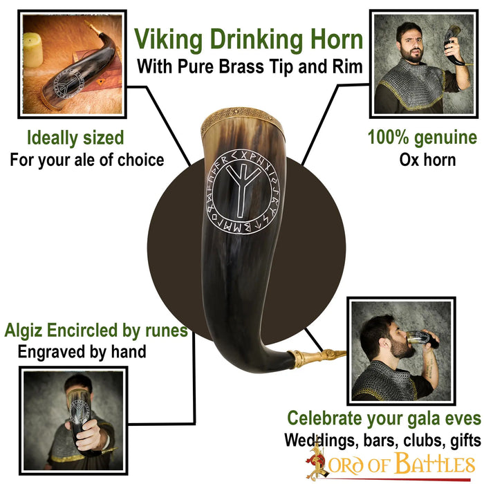Algiz protection rune drinking horn, 300-500 ml