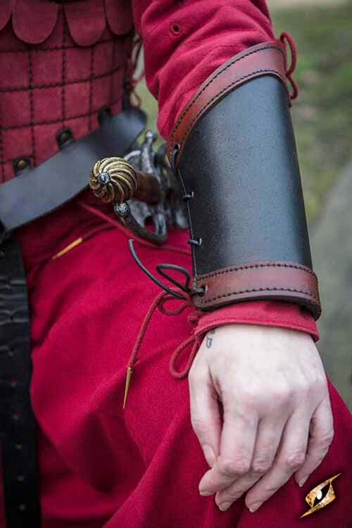 Warrior leather bracers, forearm guards, black-red, pair