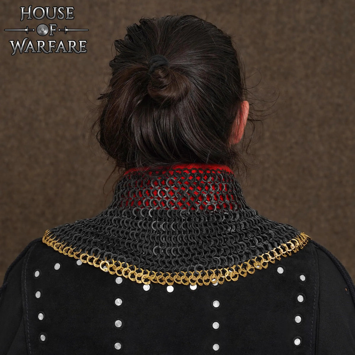 Chainmail standard, black, mixed riveted flat rings, 9 mm, brass edge