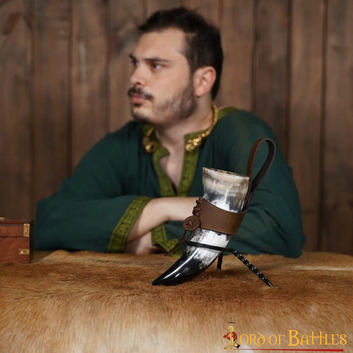 Natural drinking horn with leather holder