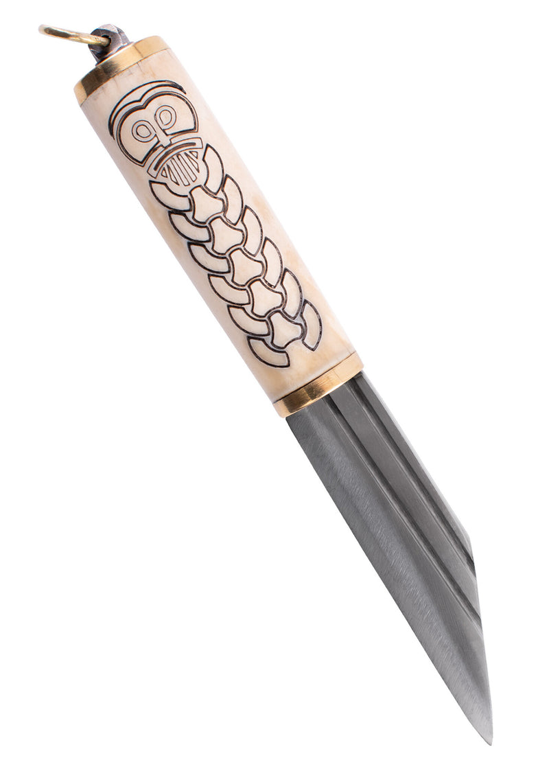 Piccolo sax vichingo norvegese con manico in osso decorato, semi-affilato