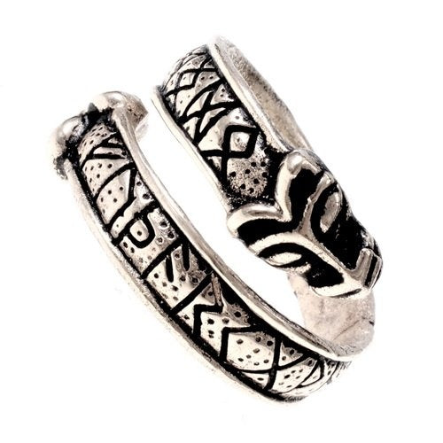 Viking rune ring with wolf heads, silvered bronze