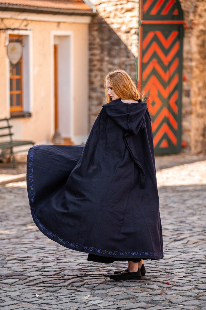 Embroidered cloak Damia, blue, wool mix
