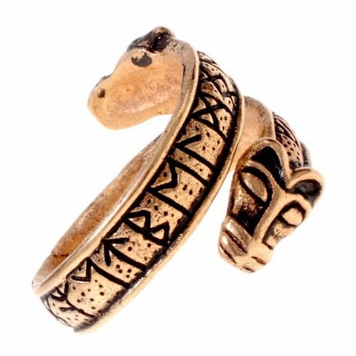 Viking rune ring with wolf heads, bronze