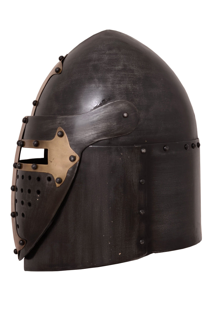 Sugarloaf helm, with hinged visor and antique finish, 1.6 mm