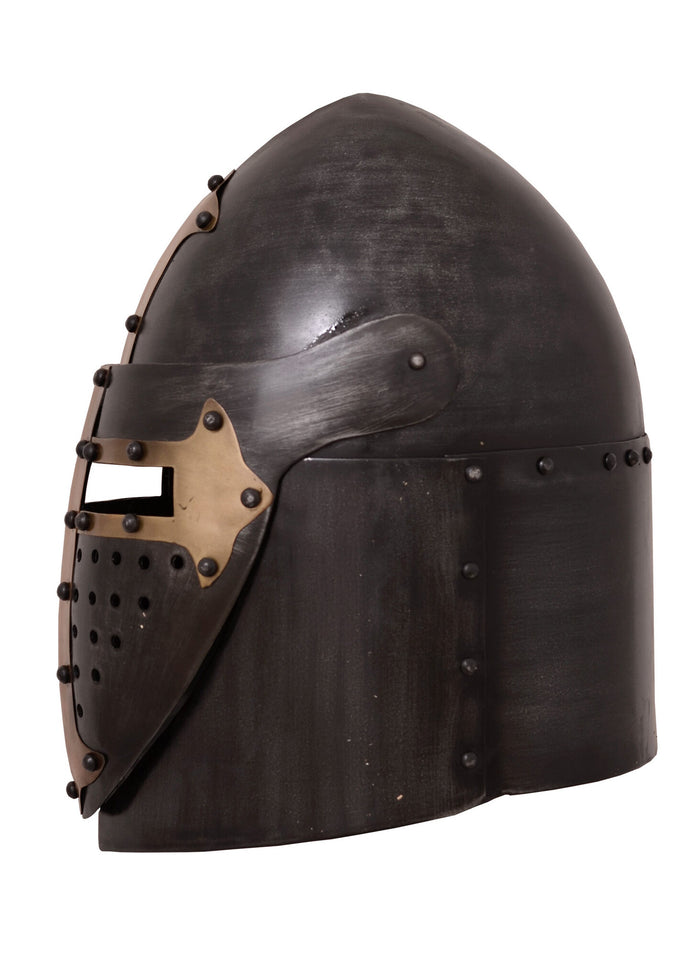 Sugarloaf helm, with hinged visor and antique finish, 1.6 mm
