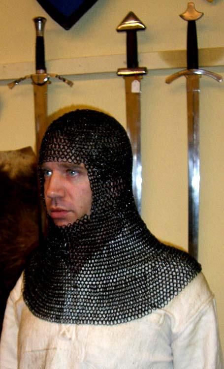 Chainmail coif with square neck, bronzed, 8 mm