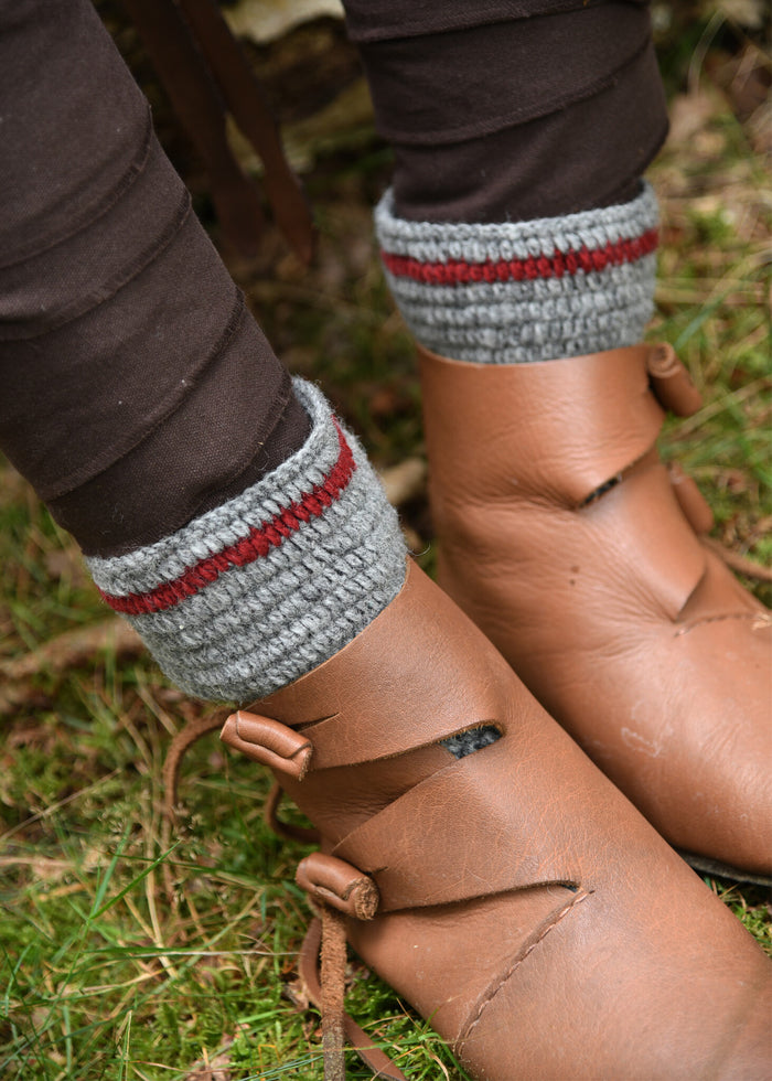 Crocheted socks, 100% wool, grey - wine red